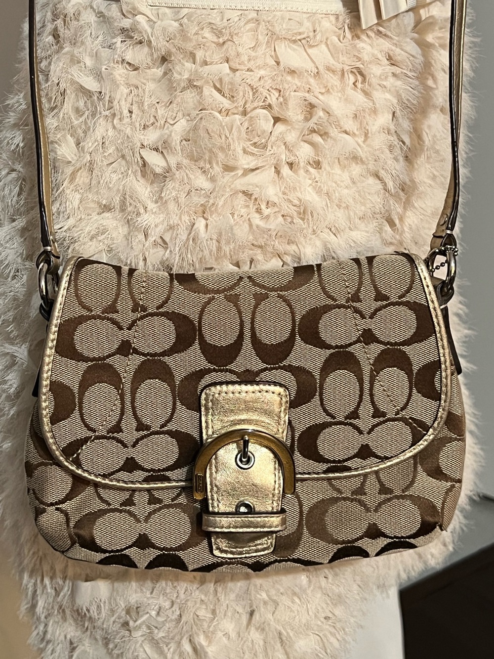 Coach Brown Signature Canvas Crossbody with Gold Buckle